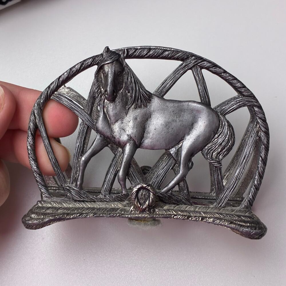 Vintage 1992 Metzke Letter Card Napkin Holder Pewter Metal Horse USA Equestrian